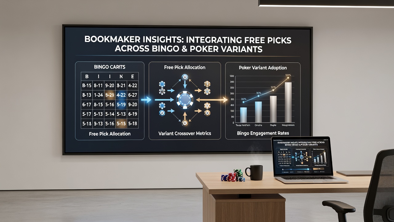 Split-screen view of bingo caller and poker dealer interfaces with overlaid free pick indicators
