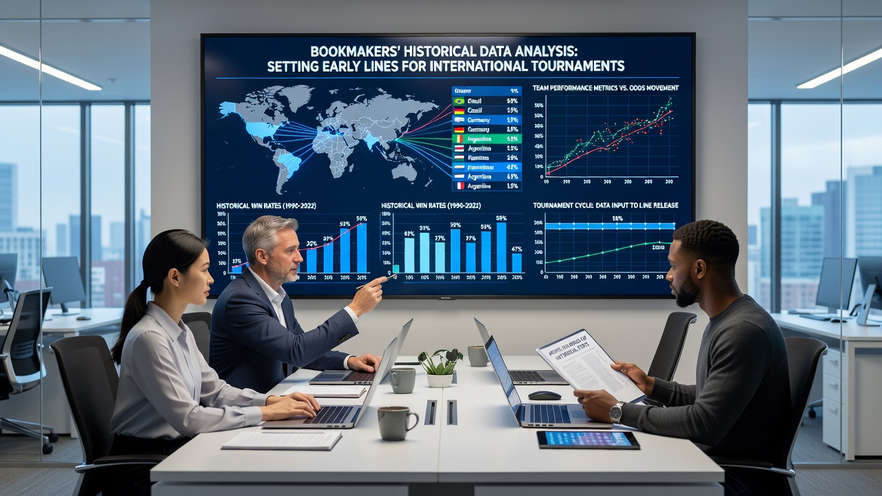 Analysts examining tournament historical statistics and early odds models on desktop workstations