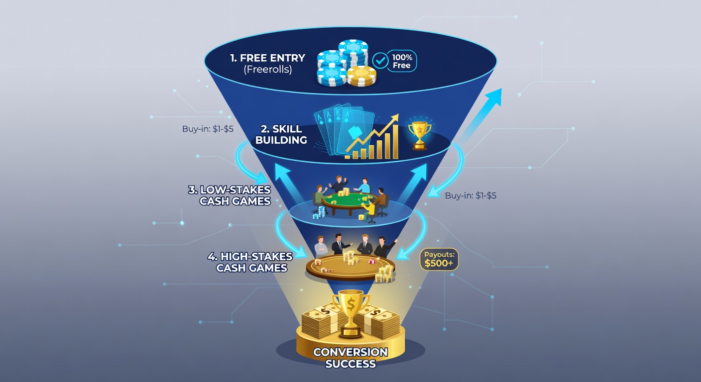 Diagram of a freeroll funnel showing progression from free entries through satellites to cash games with player statistics overlaid