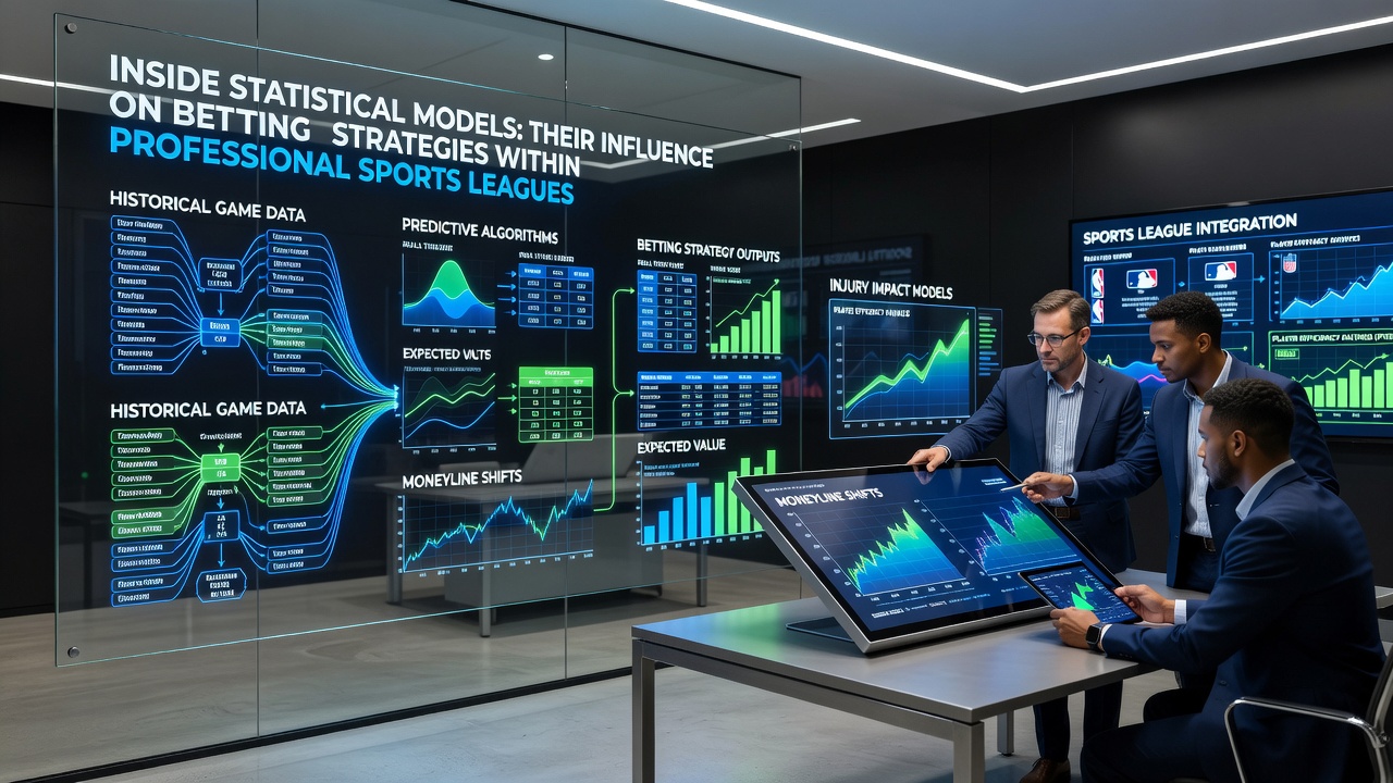 Analysts reviewing sports league statistics and predictive models on multiple monitors