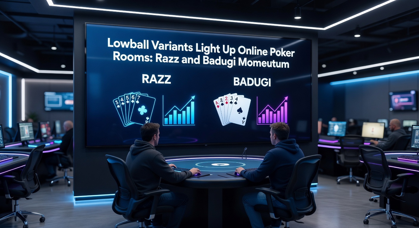Close-up of Badugi hand showdown on an online poker interface, showing lowball cards and chip stacks