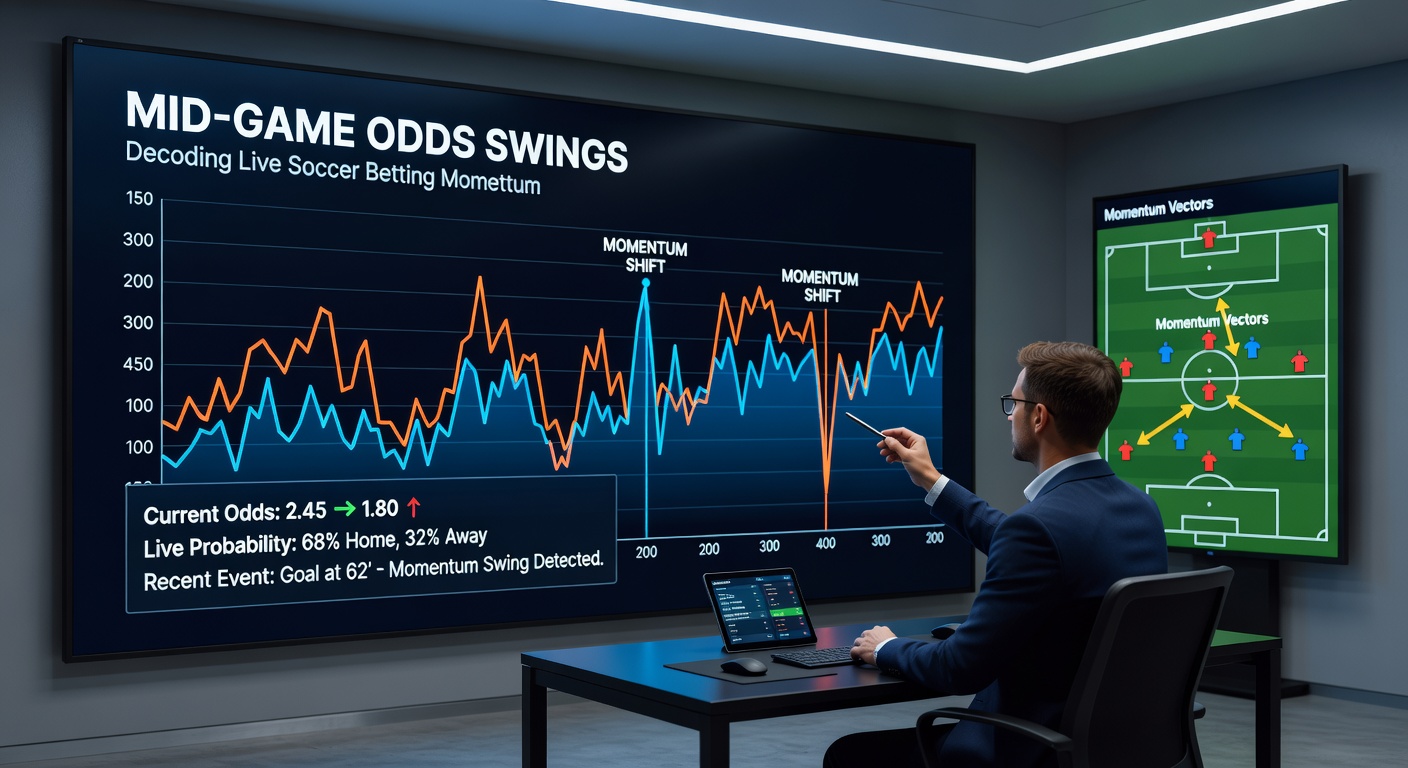 Live betting interface displaying real-time odds swings during a soccer match, highlighting momentum indicators like possession and shots on goal