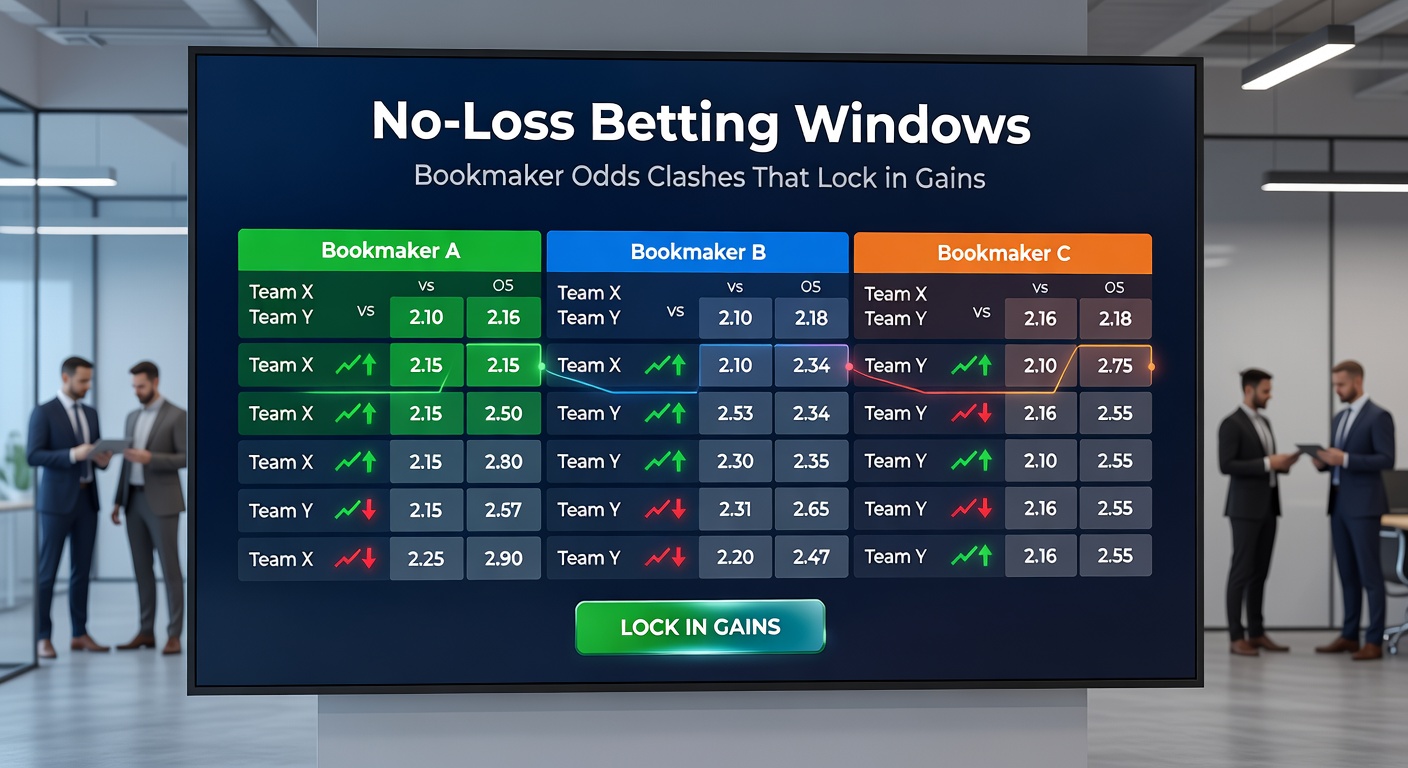 Screenshot of arbitrage betting software displaying a live no-loss opportunity with odds from competing bookmakers