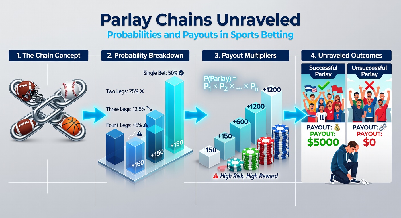 Chart illustrating probability decline across increasing legs in a parlay chain with sample NFL and NBA bets