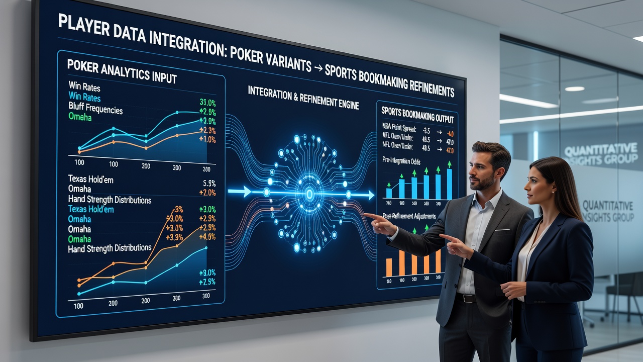 Sports betting terminal displaying adjusted odds alongside poker probability charts and player performance graphs