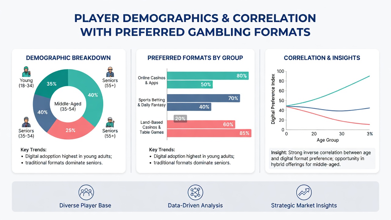 Infographic style visualization of age and gender statistics overlaid on gambling format icons