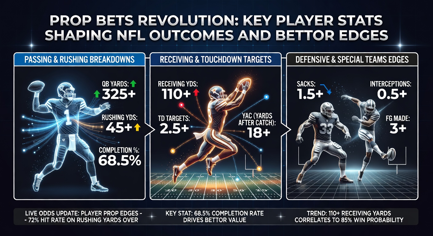 Data visualization of NFL prop bet trends, showing graphs of player stats like passing yards and rushing attempts influencing betting lines