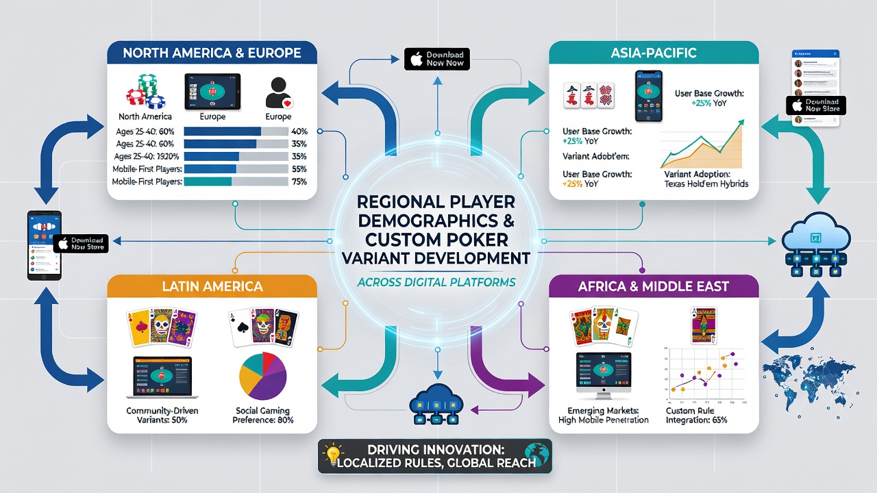 Analytics dashboard showing regional poker player demographics and variant performance metrics