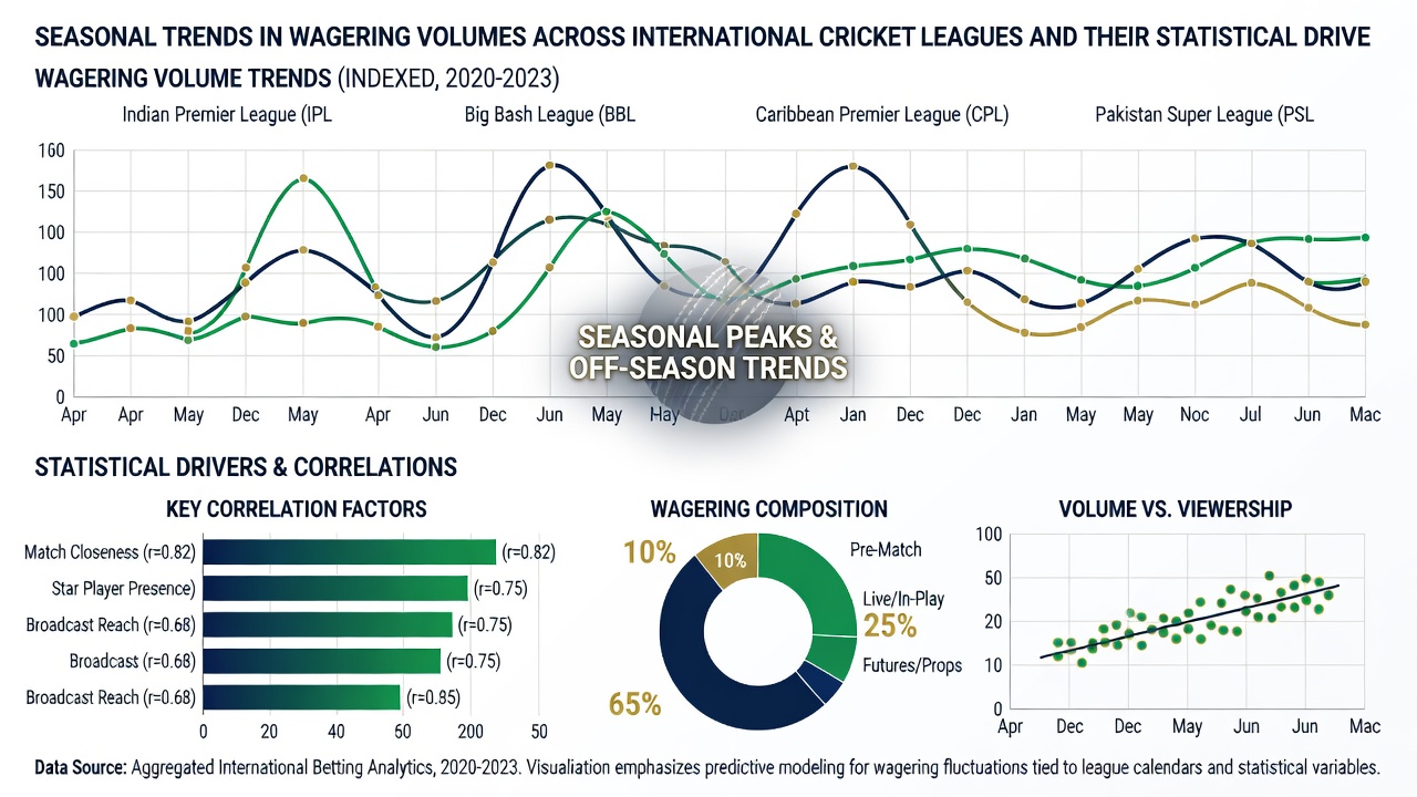 Heatmap illustrating correlation between broadcast audience size and betting volumes across different cricket leagues and months