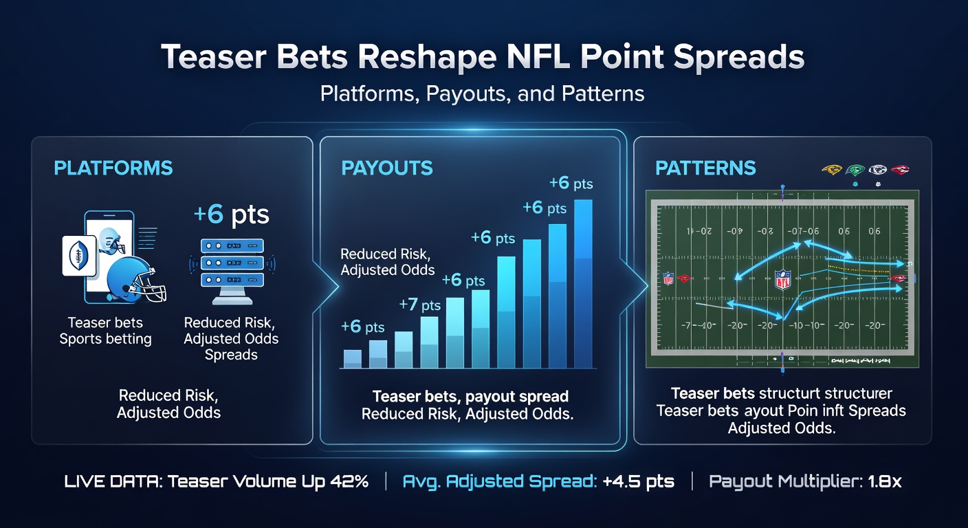 Chart displaying teaser bet payout tiers for NFL games across popular platforms, highlighting house edges and win probabilities