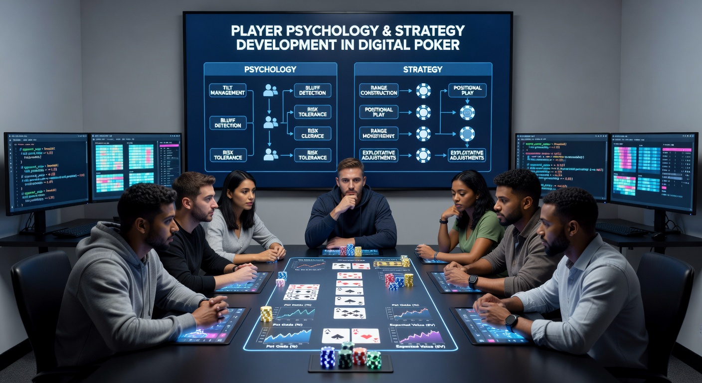 Split view of a poker player analyzing hand histories on multiple screens with psychological notes overlaid