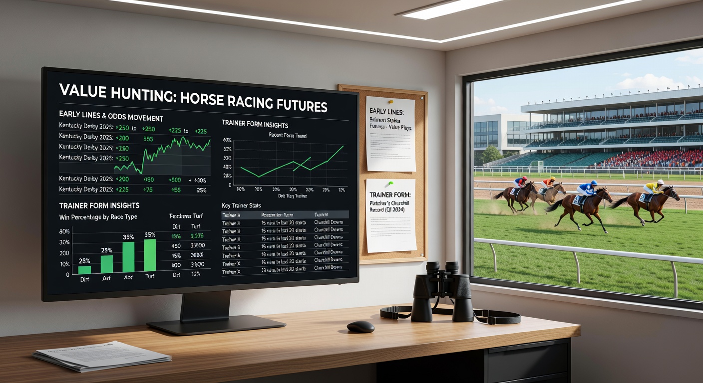 Close-up of a trainer analyzing horse form sheets with early futures odds charts, overlaid with performance graphs for major races
