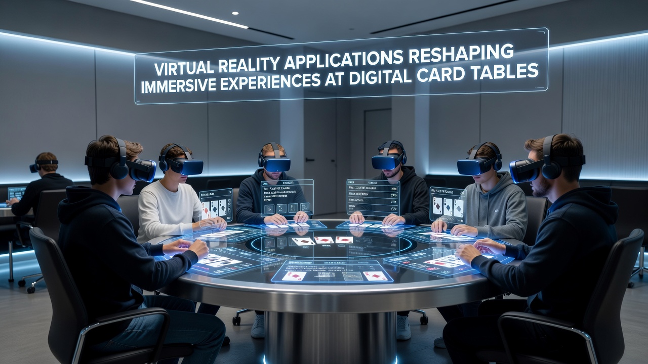 Close-up view of VR poker table interface with multiple avatars seated around a digital felt surface